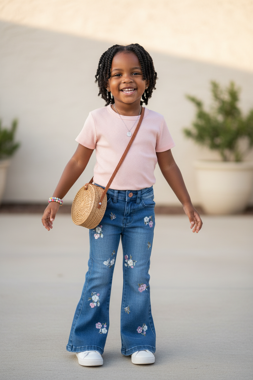 African descent girl wearing denim flare flower jeans with accessories, no hat