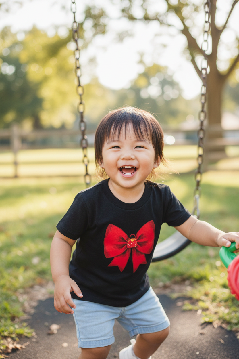 Asian toddler Black/Red Bow tee