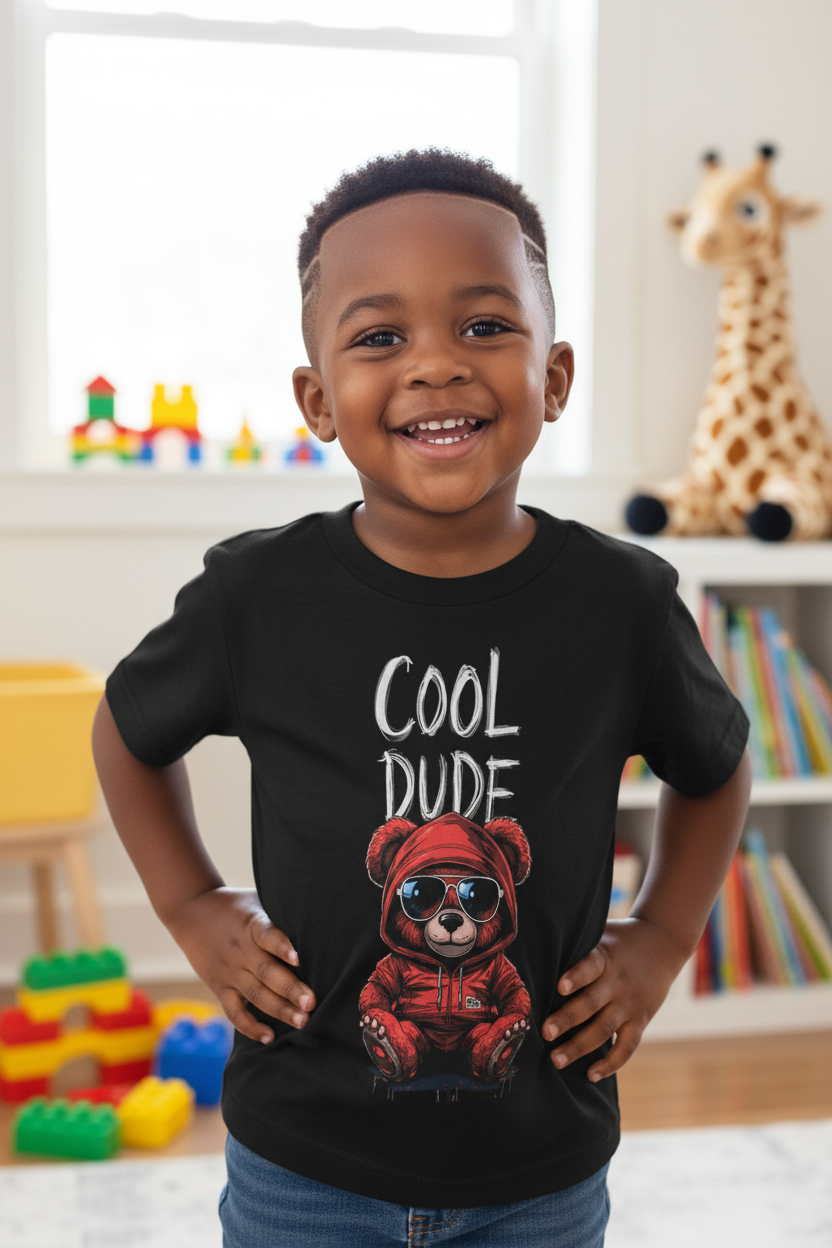 Black toddler boy with fresh haircut and line up wearing Cool Dude t-shirt