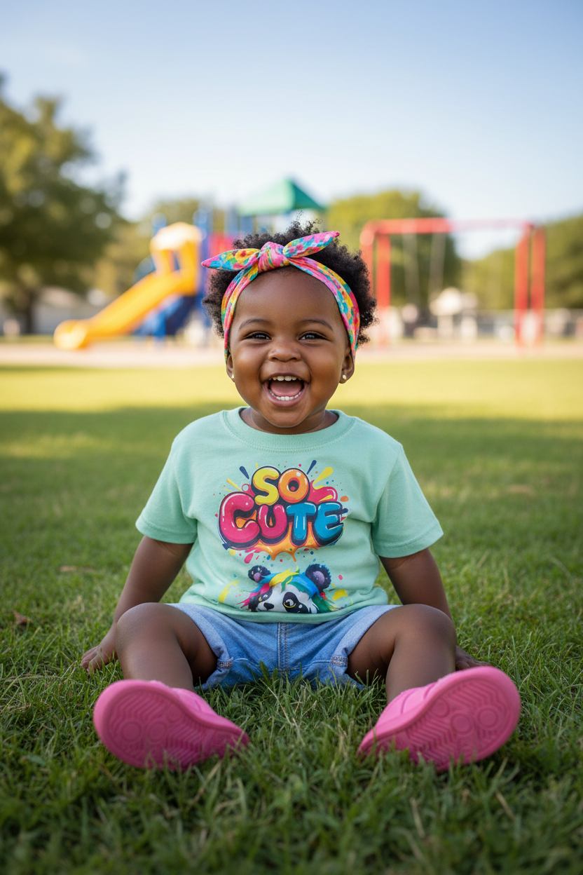 Black toddler girl with panda tee and denim shorts