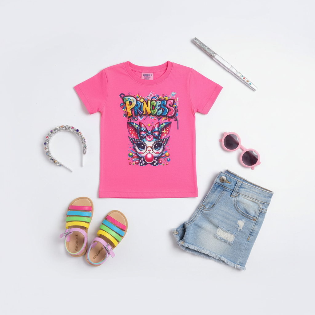 Bunny tee flat lay with sandals, shorts and sunglasses