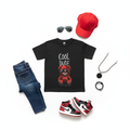 Cool Dude t-shirt with red and black Jordans, jeans and accessories