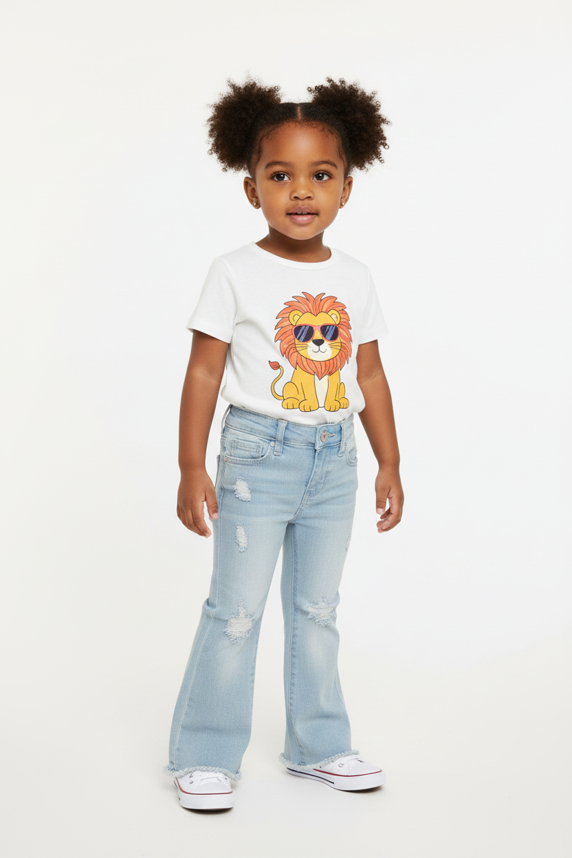Distressed jeans with white graphic tee