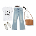 Flat lay: Distressed jeans with white tee outfit