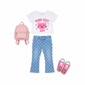 Flat lay: Heart pants with graphic tee and backpack
