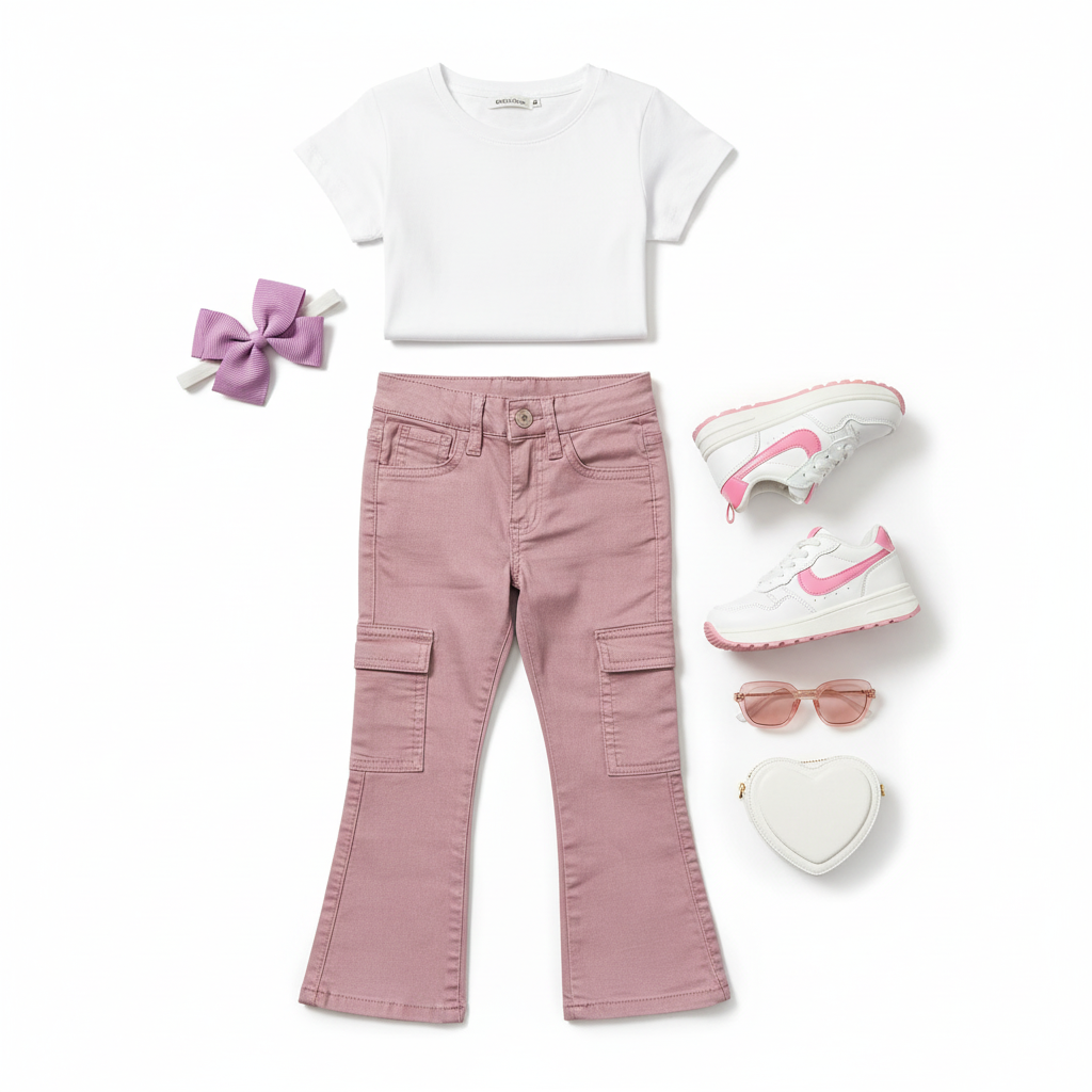 Flat lay: Lilac jeans with trendy sneakers