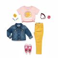 Flat lay: Yellow jeans with pink tee and denim jacket