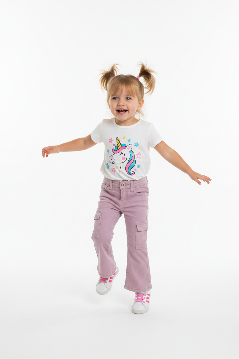 Happy toddler in lilac jeans with white tee