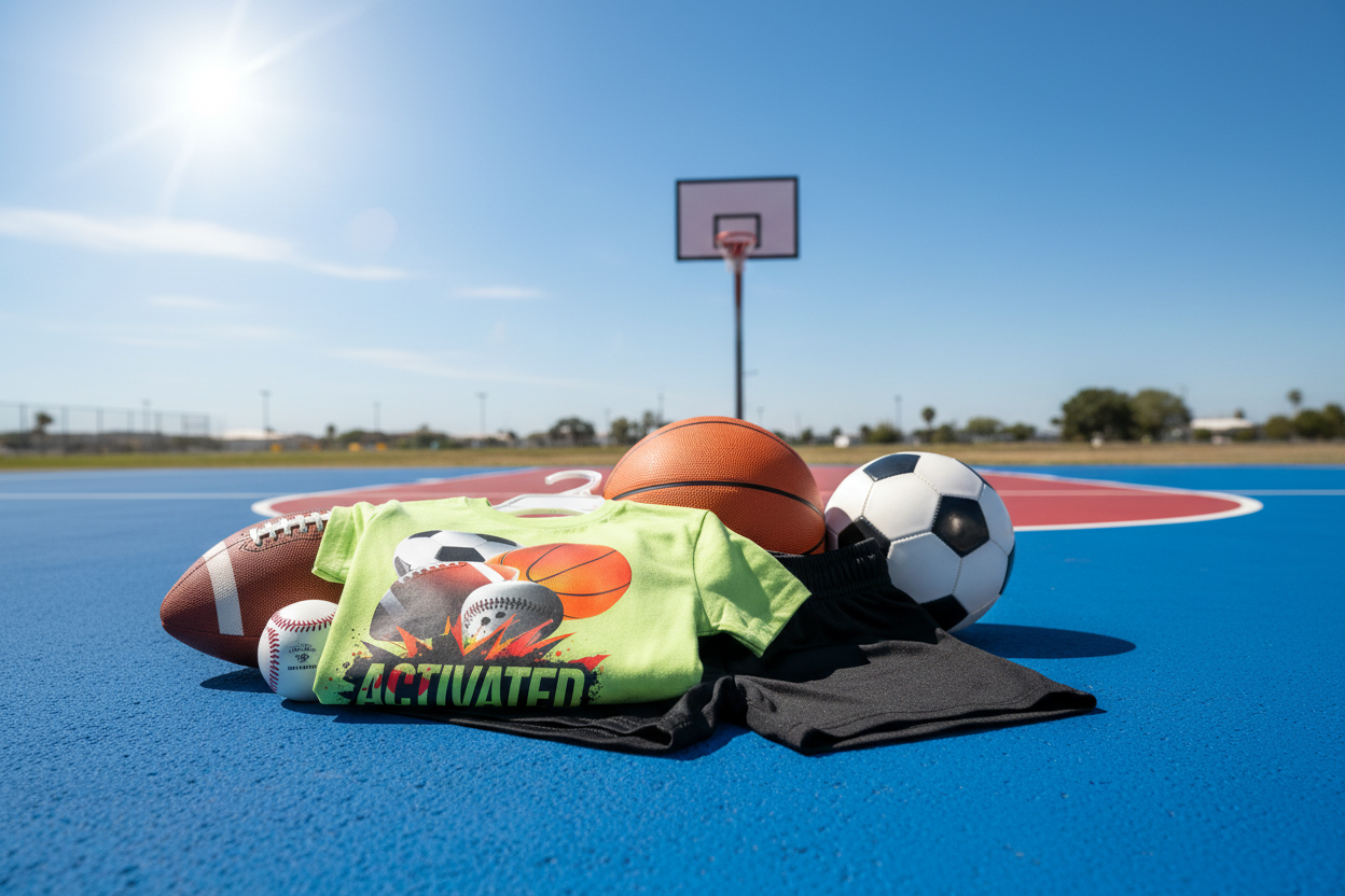 Lime Activated tee with all sports balls on basketball court