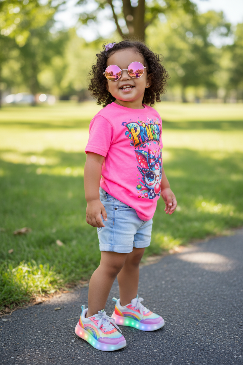Latina toddler girl with bunny tee and rainbow light-up sneakers