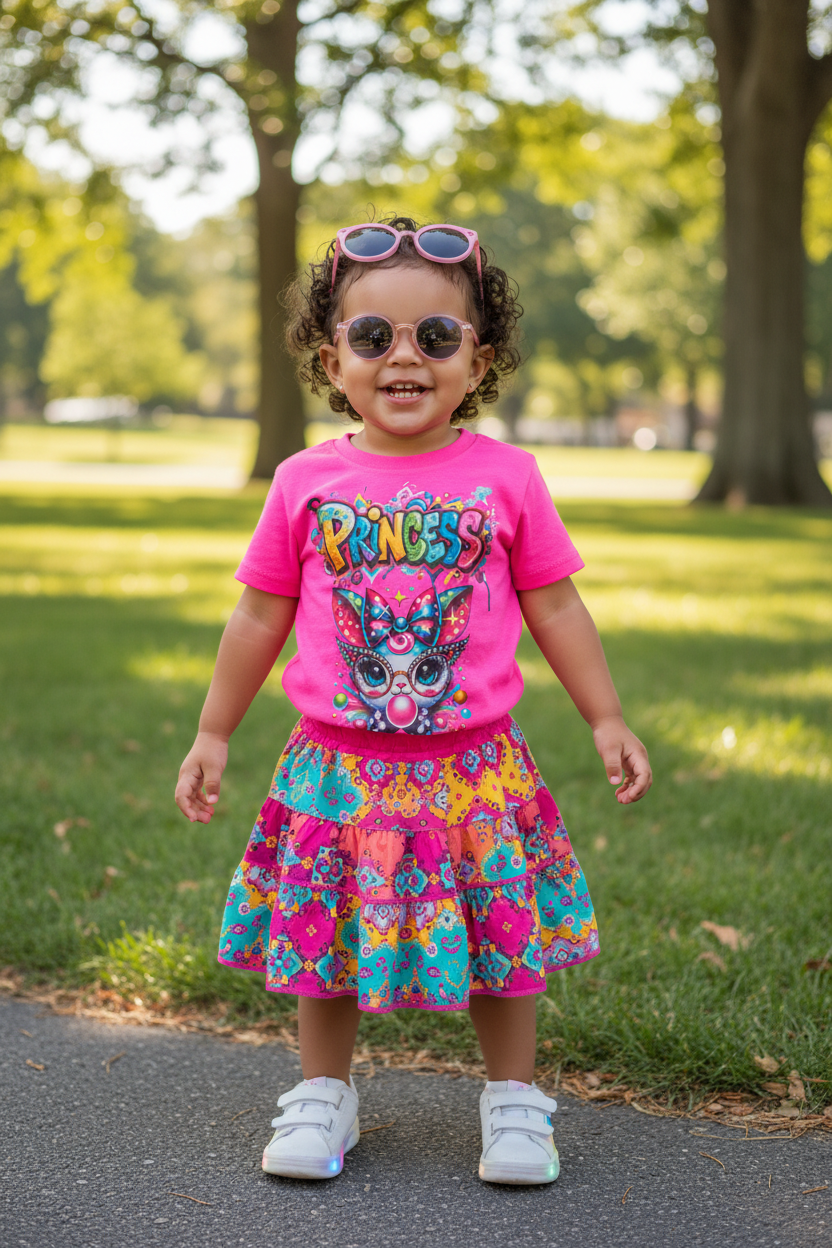 Latina toddler girl with bunny tee and skirt