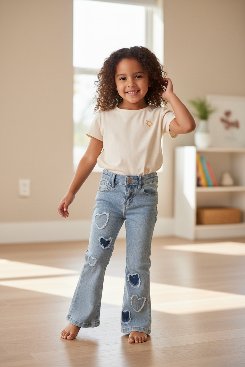 Mexican 5-year-old girl wearing denim flare jeans