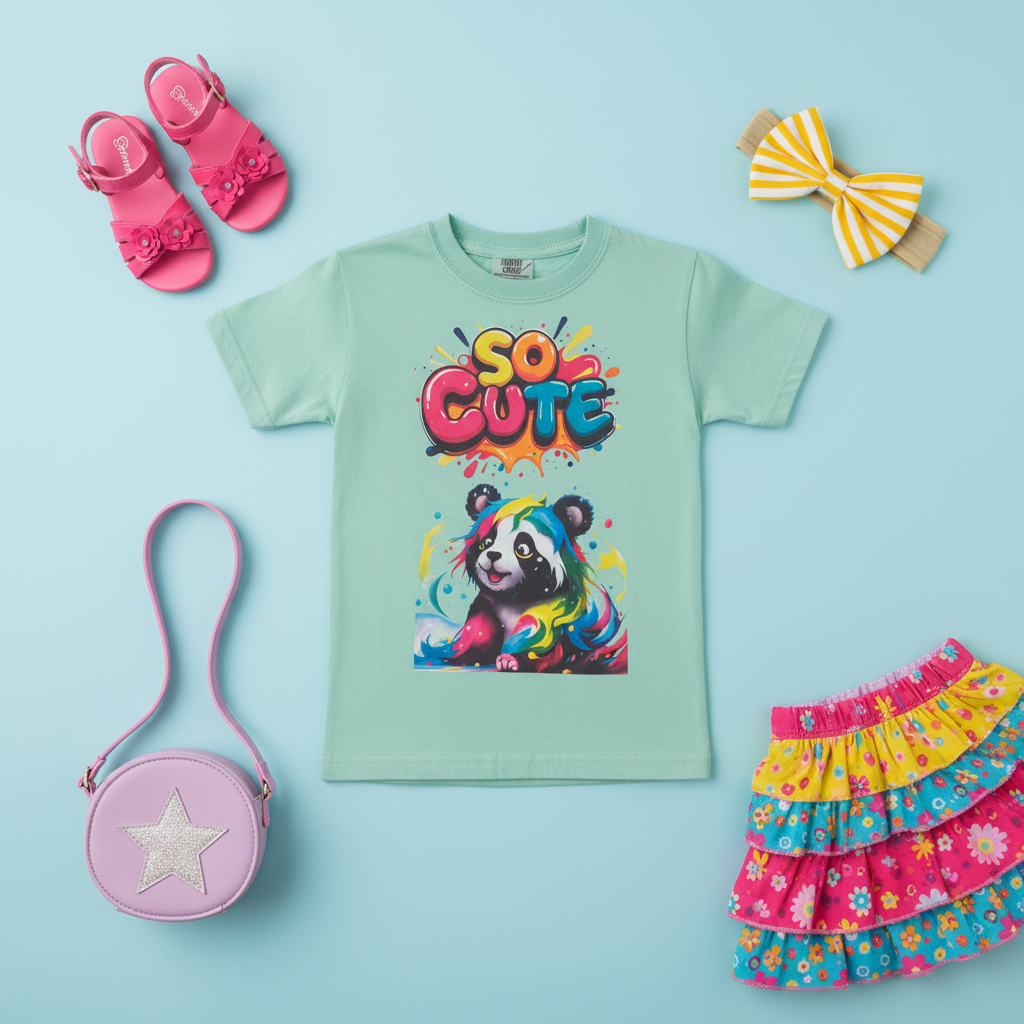 Panda tee with pink sandals, skirt and headband