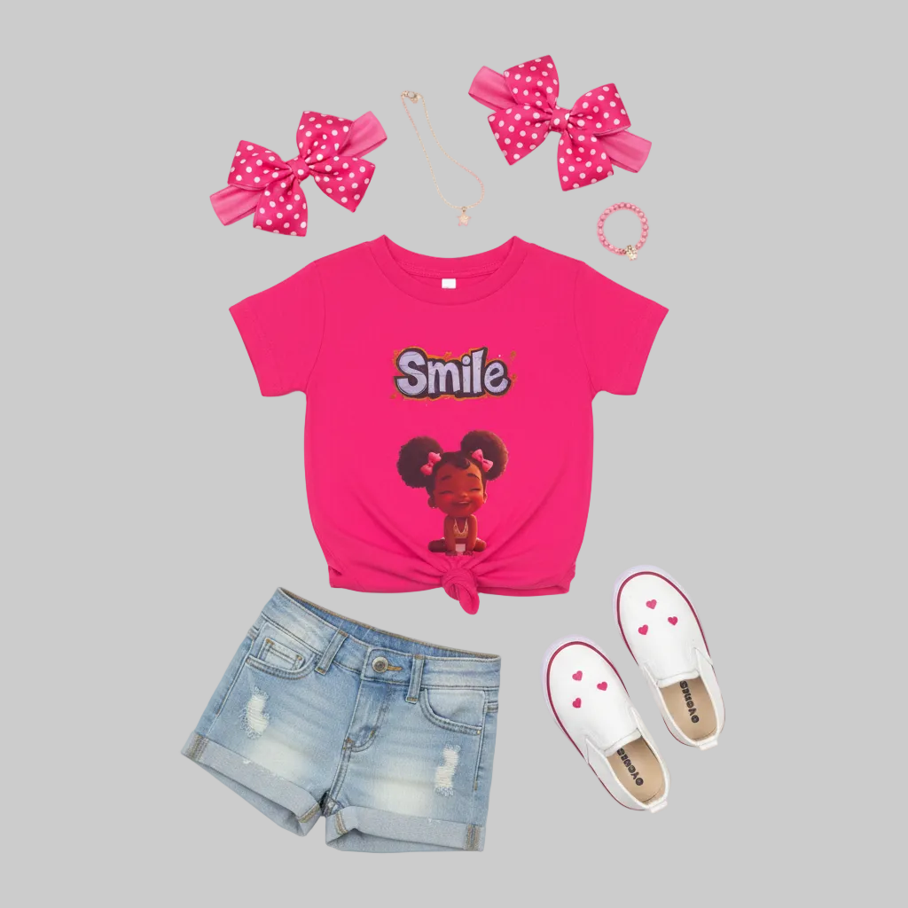 Pink Smile shirt with side unbuttoned, styled with outfit and accessories