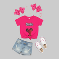 Pink Smile shirt with side unbuttoned, styled with outfit and accessories