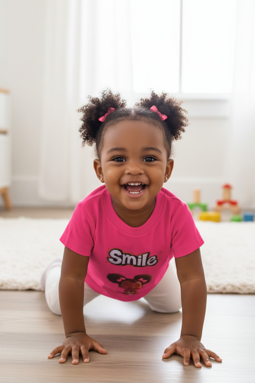 Single Black toddler with curly hair wearing pink Smile shirt