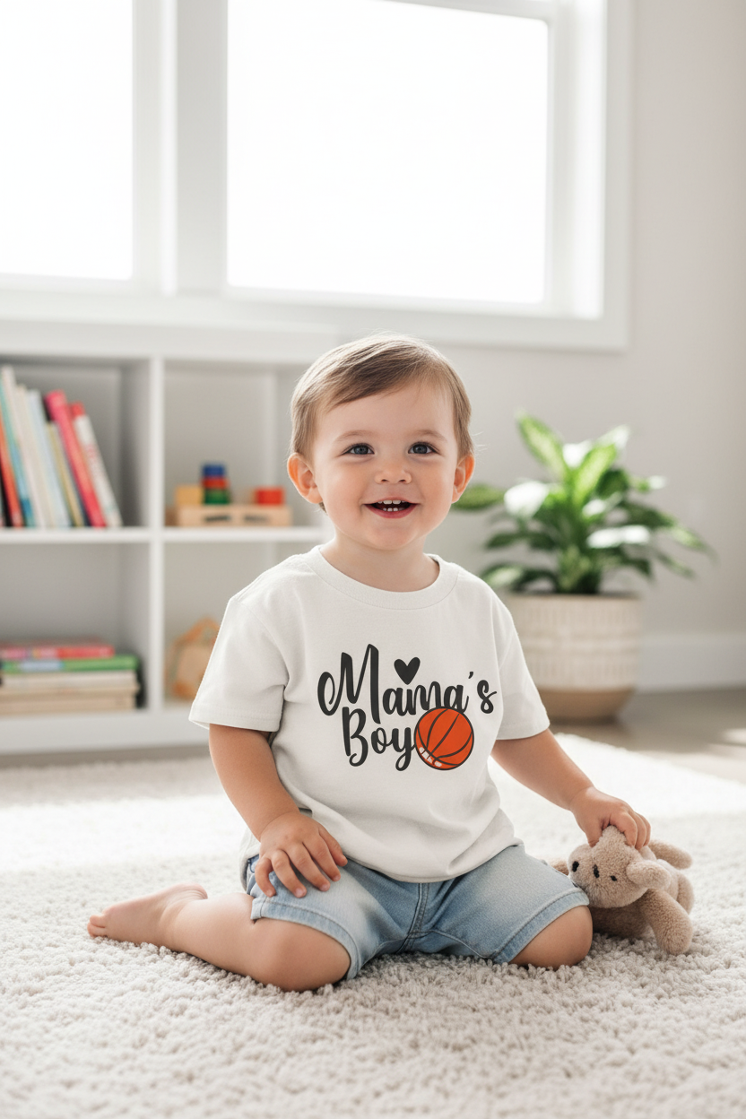 Toddler Boy Mama's Boy White Graphic T on Model