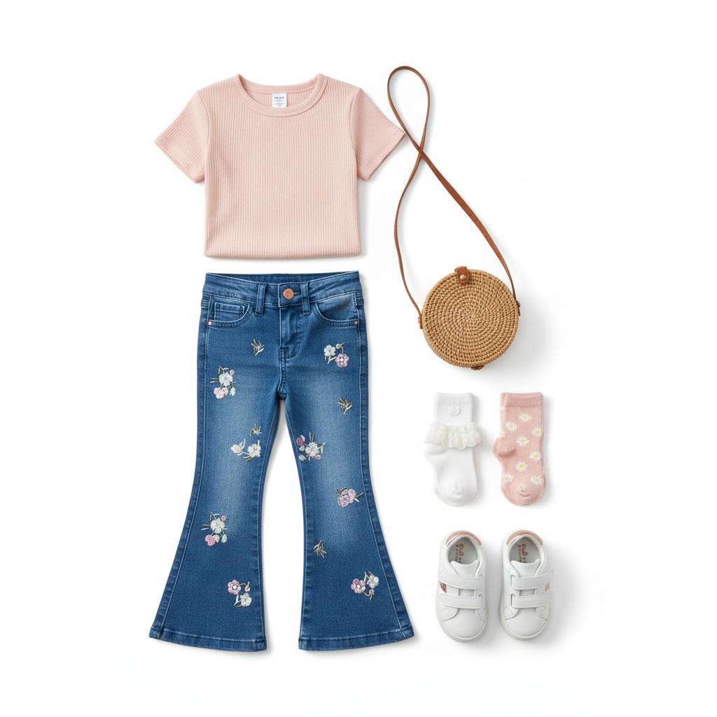 Toddler Girl Denim Flare Flower Jeans Flat Lay with Stylish Shoes