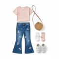 Toddler Girl Denim Flare Flower Jeans Flat Lay with Stylish Shoes