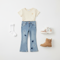 Toddler Girl Denim Flare Jeans Flat Lay with Stylish Shoes